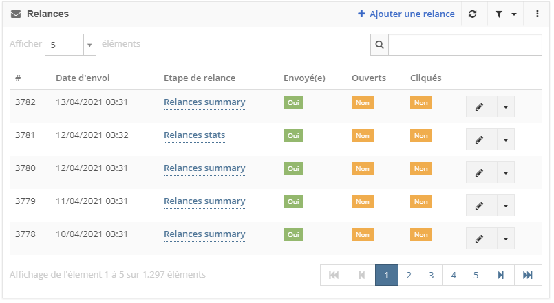 liste des relances envoy&eacute;es au profil